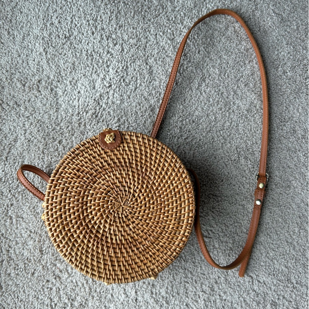 Handwoven Beige Round Rattan Shoulder Bag Leather Straps- Natural